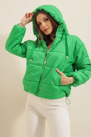 By Saygı Green Elastic Waist Inflatable Coat With Pocket, Hooded Hooded Lined.