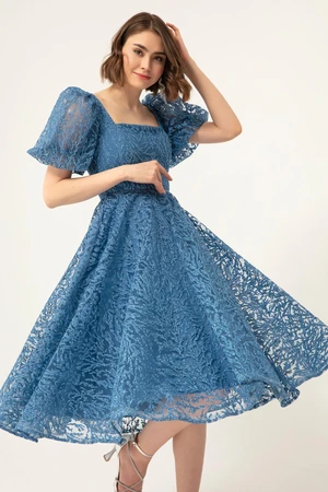 Lafaba Women's Indigo Balloon Sleeves Glittery Midi Evening Dress.