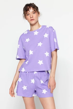 Trendyol Lilac 100% Cotton Star Pattern T-shirt-Shorts Knitted Pajamas Set