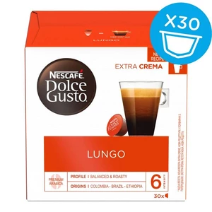 NESCAFÉ Dolce Gusto® Lungo kávové kapsle 30 ks kapsuly pre kávovary Nescafé Dolce Gusto® • 100 % arabika • ľahko pražená mletá káva • intenzita 6/11 •