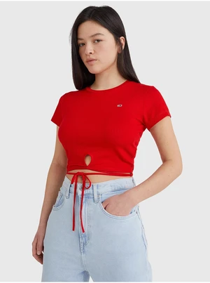 Tommy Jeans Red Women Ribbed Cropped T-Shirt with Tie at Waist Tom - Women