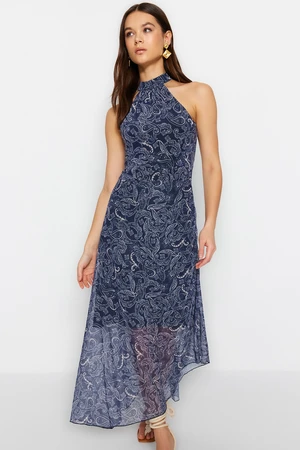 Trendyol Navy Blue Halterneck Printed Tulle Midi Dress