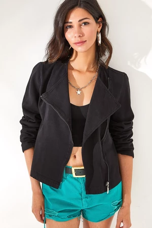 Olalook Women's Black Wrapover Collar Zippered Gabardine Cotton Jacket