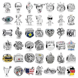 New Silver Color Family Girl Boy Robot Crown Beads Charm Fit Bracelets & Necklaces for Women DIY Jewelry Gift Making