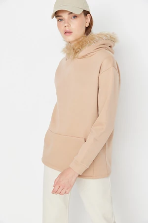 Trendyol Beige Loose Hooded Fleece Fleece Sports Sweatshirt