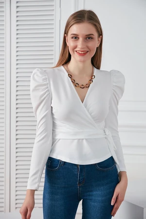 HAKKE Belted Waist Shoulder Detail Scuba Blouse