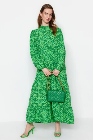 Trendyol Green Patterned Half Paw Wide Fit Cotton Woven Dress