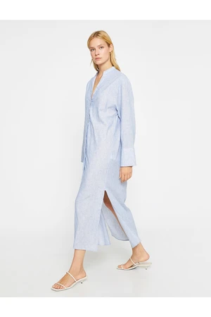 Koton Long Shirt Dress with a Large Collar Linen Blend