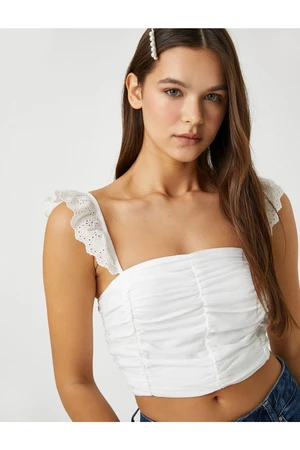 Koton Crop Top Embroidered Ruffled Straps Detailed Pleated Square Collar