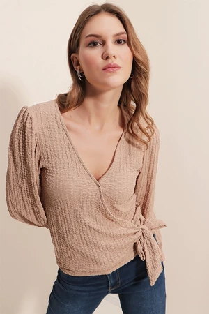 Bigdart 0441 Knitted Wrapover Blouse - Beige