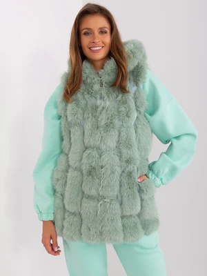 Pistachio fur vest with zipper and hood