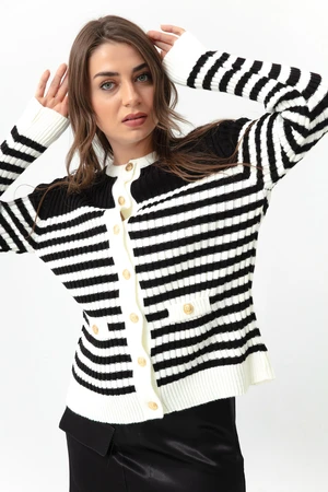 Lafaba Women's White Gold Buttons Striped Knitwear Cardigan