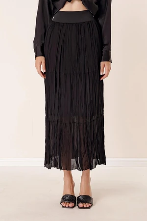 By Saygı Elastic Waist 3 Layers Chiffon Lined Long Skirt Black