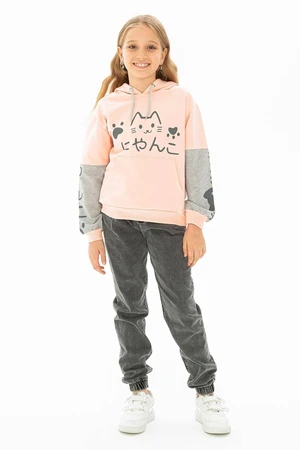 zepkids Girls' Cat Printed Kangaroo Pocket Sweatshirt.