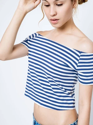 Short blouse with neckline carmen white with navy stripes