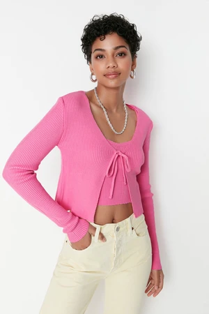 Trendyol Pink Crop Tie Detailed Blouse-cardigan Knitwear Set Knitwear Cardigan