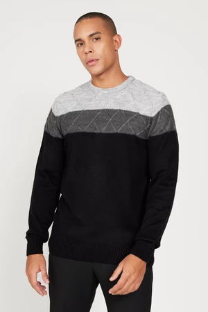 AC&Co / Altınyıldız Classics Men's Grey-black Standard Fit Regular Cut Crew Neck Colorblock Patterned Wool Knitwear Sweater