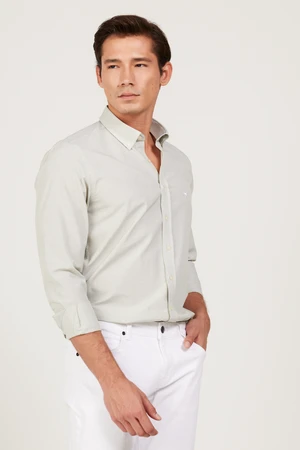 AC&Co / Altınyıldız Classics Men's Green-White Slim Fit Slim Fit Button-down Collar Cotton Striped Shirt