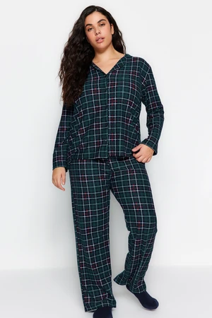 Trendyol Curve Green Shirt Collar Plaid/Check Knitted Pajamas Set