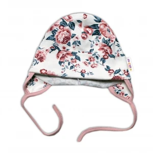 Baby Nellys Bavlněná čepička na zavazování - Anglická Růže, pudrová/granát/ecru, vel. 80-86 (12-18m)