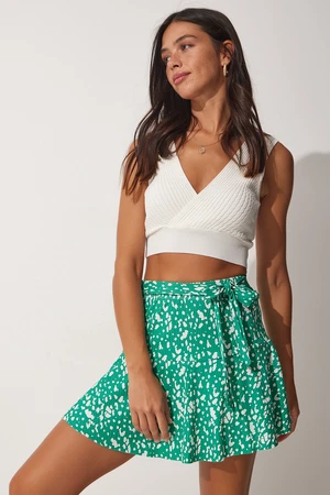 Happiness İstanbul Women's Green Belted Patterned Mini Viscose Shorts Skirt