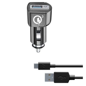 Adaptér do auta CellularLine 18W, QC 3.0 + USB-C kabel 1m (CBRHUKITQCTYCK) čierny nabíjací adaptér do auta + 1 m USB-C kábel • výkon 18 W • Qualcomm Q