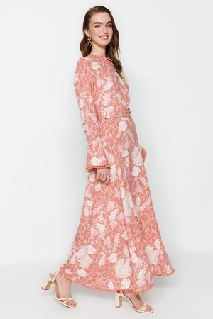 Trendyol Dried Rose Flower Patterned Woven Dress with Belt