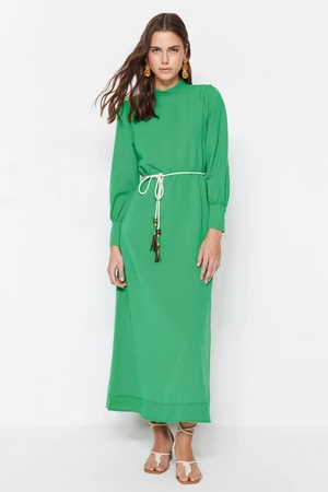 Trendyol zelené tkané šaty ľanového vzhľadu s detailom opaska a širokými manžetami