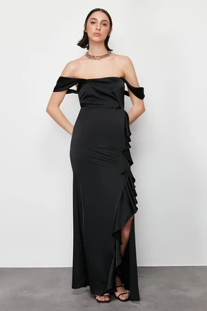 Trendyol Black Flounce Satin Long Evening Dress