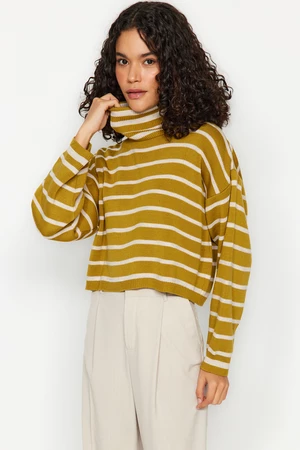 Trendyol Mustard Crop Striped Knitwear Sweater