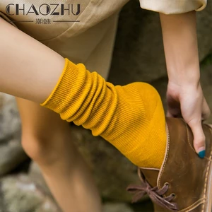 CHAOZHU Japanese Korean High School Girls High Socks Loose Solid Colors Double Needles Knitting Cotton Long Socks For Women