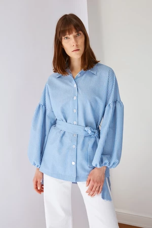 Trendyol Blue Striped Belted Balloon Back Sleeve Long Woven Shirt