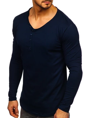 Tmavě modré pánské tričko s dlouhým rukávem bez potisku Bolf 5059