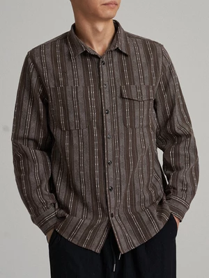 Mens Striped Printed Double Pocket Buttons Long Sleeve Shirts