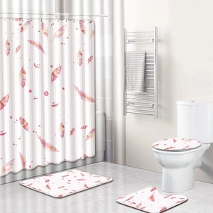 Bathroom Non-Slip Pedestal Rug Lid Toilet Cover Bath Mat Shower Curtain & Hooks