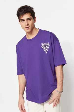 Trendyol Men's Purple Oversize Crew Neck Short Sleeve City Printed 100% Cotton T-Shirt