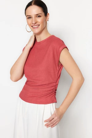 Trendyol Basic Crew Neck Ruffled Knitted Blouse with Dusty Rose Gather Detail