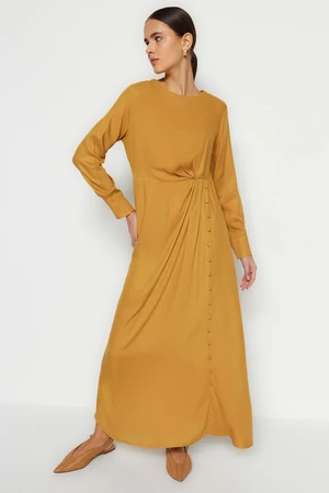 Trendyol Camel Waist 100% viskózové tkané šaty s košeľou potiahnutým gombíkom detailné