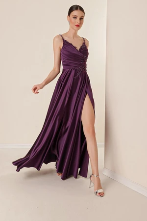 By Saygı Lined and Draped Long Satin Dress with Beading Guipure Details with Rope Straps