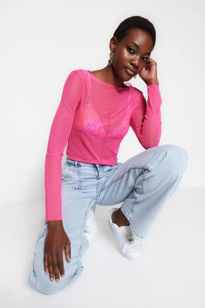 Trendyol Pink Stitching Detail Fitted/Simple Crew Neck Crop Tulle Stretch Knitted Blouse