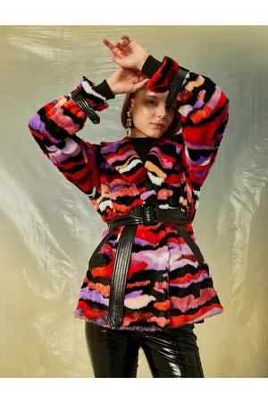 Koton Color Block Belted Short Plush Coat