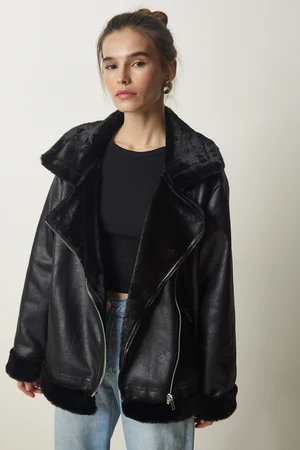 Happiness İstanbul Women's Black Premium Shearling Faux Leather Coat