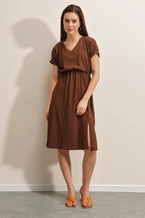 Bigdart 2378 V-Neck Knitted Dress with Slits - Brown