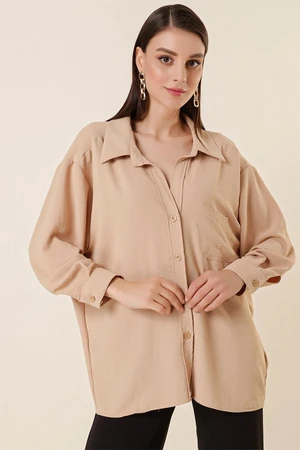 By Saygı Polo Collar, Single Pocket, Oversize Airon Shirt Beige