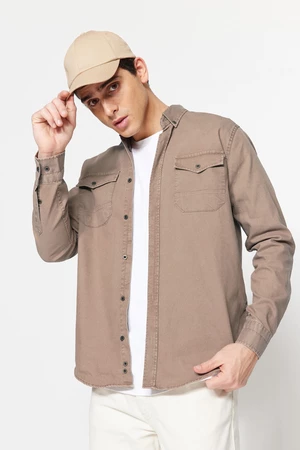 Trendyol Dark Beige Men's New Shirt with Metal Buttons