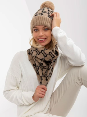 Beige and black lady's winter cap with pompom