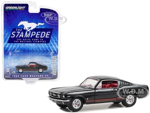 1965 Ford Mustang GT Raven Black with Red Stripes and Red Interior "The Drive Home to the Mustang Stampede" Series 1 1/64 Diecast Model Car by Greenl
