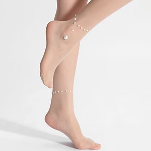 Jassy Women Nylon White Rhinestone Decoration Ultra-thin Anti-Hook Shape Breathable Leggings Mesh Silk Stockings