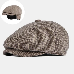 Men British Retro Ear Protection Woolen Octagonal Hat Middle-aged and Elderly Winter Warm Cool Protection Newsboy Hat