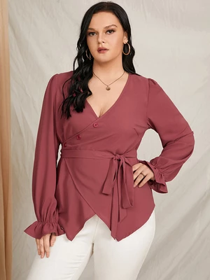 Plus Size V-neck Belt Design Button Design Blouse